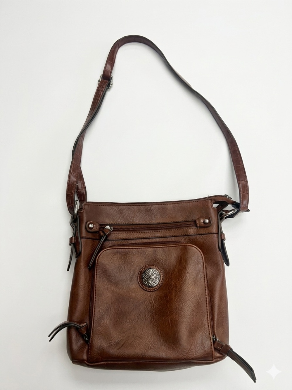 Bueno Brown Faux Leather Multi Zip Crossbody Bag Medallion Accent